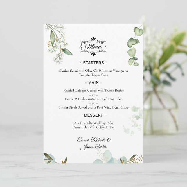 Menu Mariage table verte élégant (Debout devant)