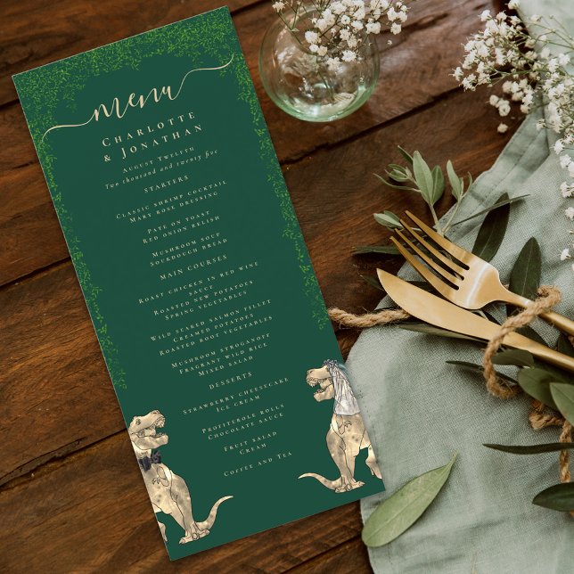 Menu Mariage Thème Dinosaur (dinosaur bride and groom dark green wedding menu watercolor T-Rex dino Jurassic eucalyptus foliage)