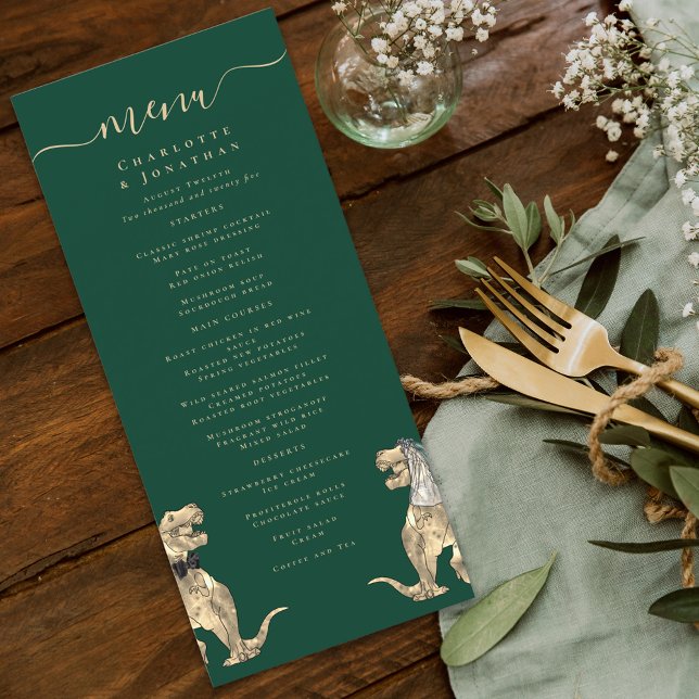 Menu Mariage Thème Dinosaur (dinosaur bride and groom dark green wedding menu watercolor fun Jurassic T-Rex dino)