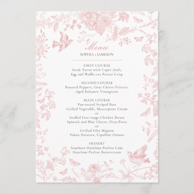 Menu Mariage Toile rose de Jouy (Devant)