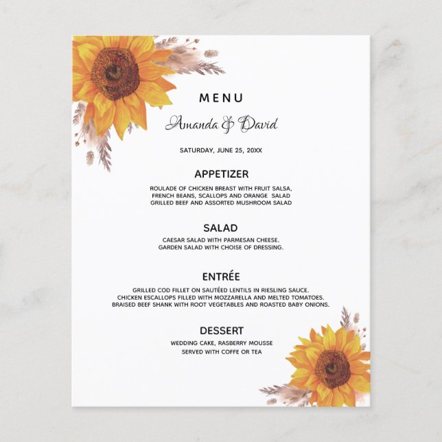 Menu mariage tournesol pampas herbe (Devant)