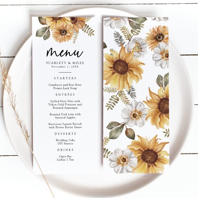 Menu Mariage Tournesol Rustique (Rustic Watercolor Sunflower Floral Wedding Menu by Painted Paperie
)