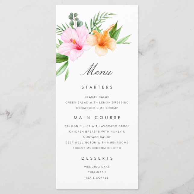 Menu Mariage tropical Luau Floral Beach Palm (Devant)
