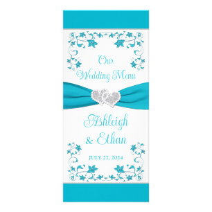 Menu Mariage Turquoise, Argent Love Hearts