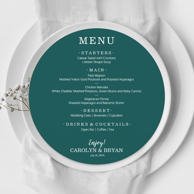 Menu Mariage Turquoise rond simple et élégant (Créateur téléchargé)