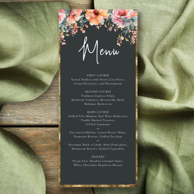 Menu Mariage vert de la trame d'or floral rustique (Rustic Floral Gold Frame Sage Green Wedding Menu)