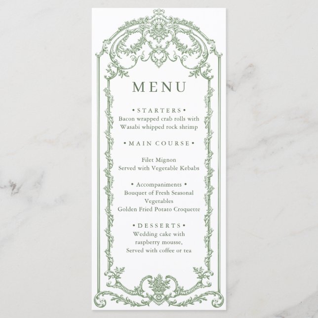 Menu Mariage vert de l'âge orné victorien Grace Floral (Devant)