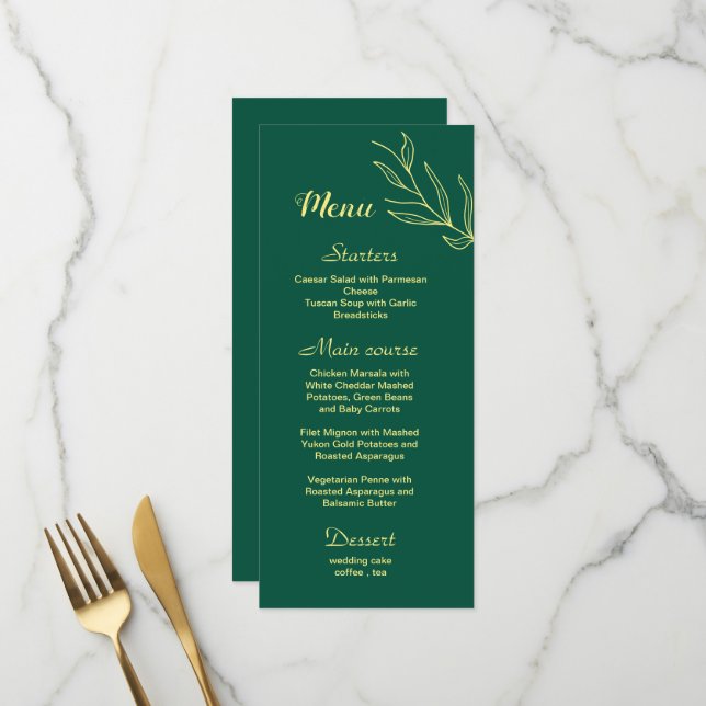 Menu Mariage vert émeraude fleur d'or romantique (Devant/Arrière en situation)