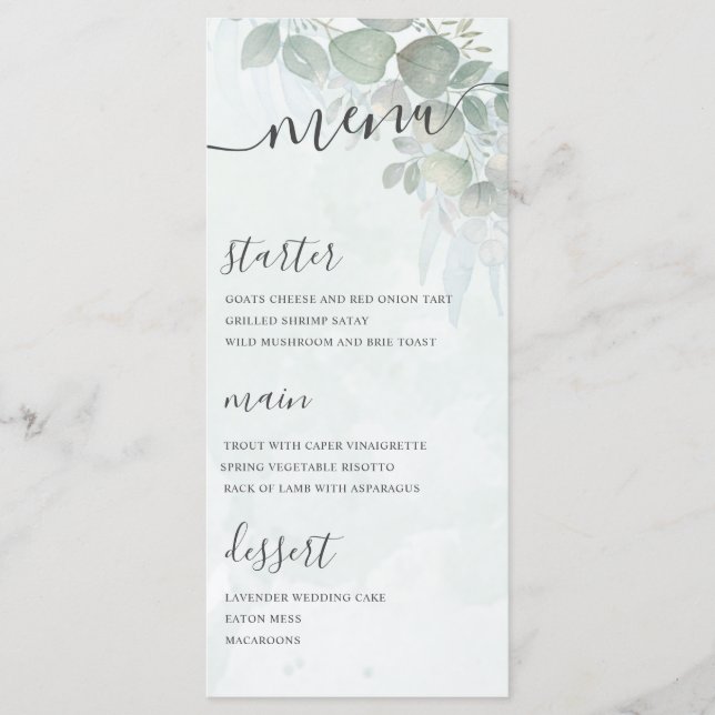 Menu Mariage Vert Feuillage d'Eucalyptus Rustique (Devant)