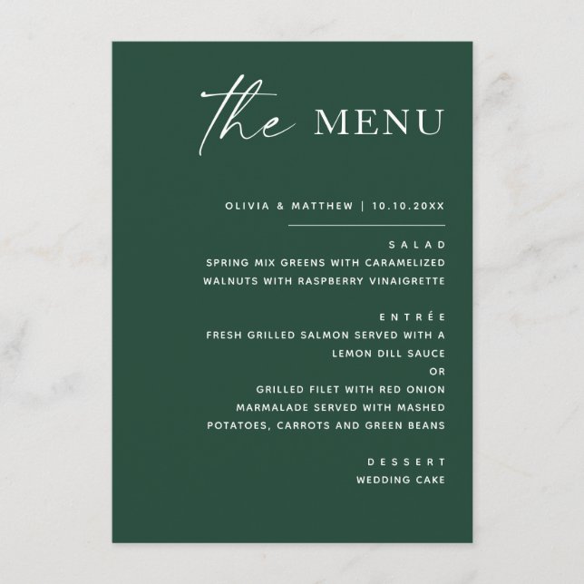 Menu Mariage Vert foncé de la forêt | Écriture moderne  (Devant)