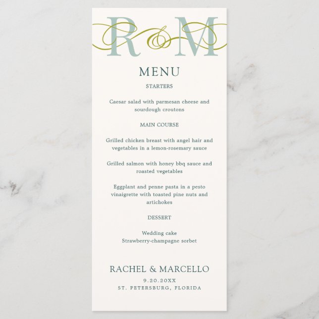 Menu Mariage vert Monogramme Ampersand Sage (Devant)
