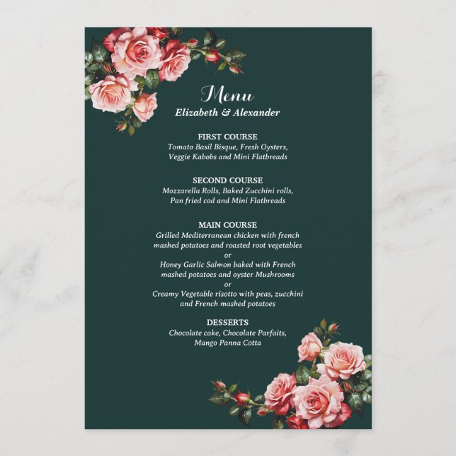 Menu Mariage vert rose et rose rouge foncé moody (Devant)