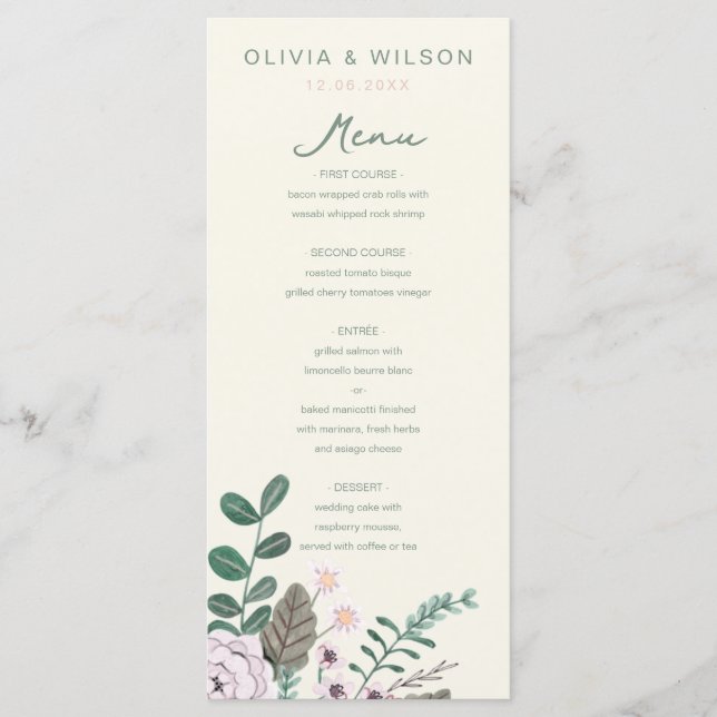 Menu Mariage vert rose eucalyptus (Devant)