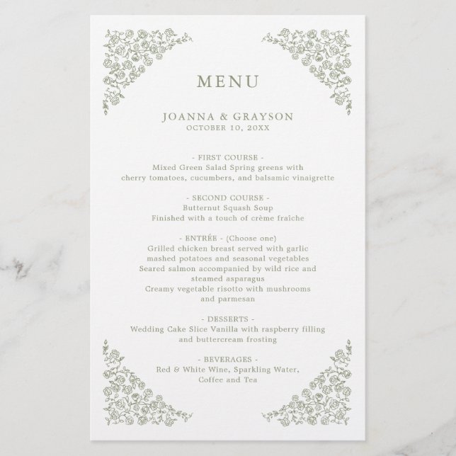 Menu Mariage Vert Sage Floral Simple Delicy (Devant)