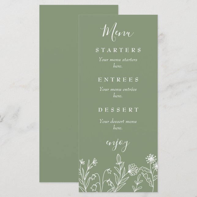 Menu Mariage vert sauvage bohème (Devant / Derrière)