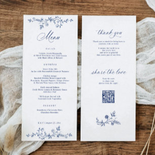 Menu Mariage Victorien Vintage Floral Français Bleu Nui