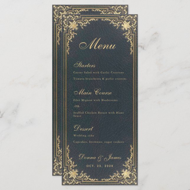 Menu Mariage Vintage - Script Blue Gold Elegant (Devant / Derrière)