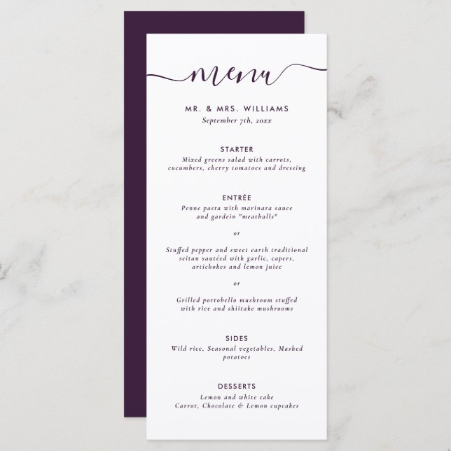 Menu Mariage violet moderne (Devant / Derrière)