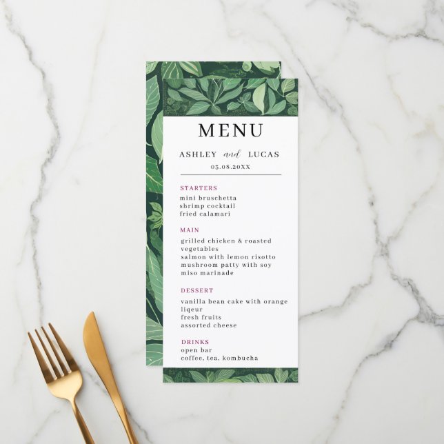 Menu Mariage Whimsical Green Feuille (Devant/Arrière en situation)