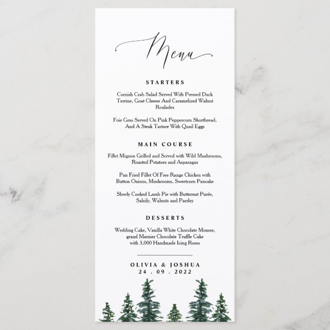 Menu Mariage Woodland, Pine Trees (Devant)
