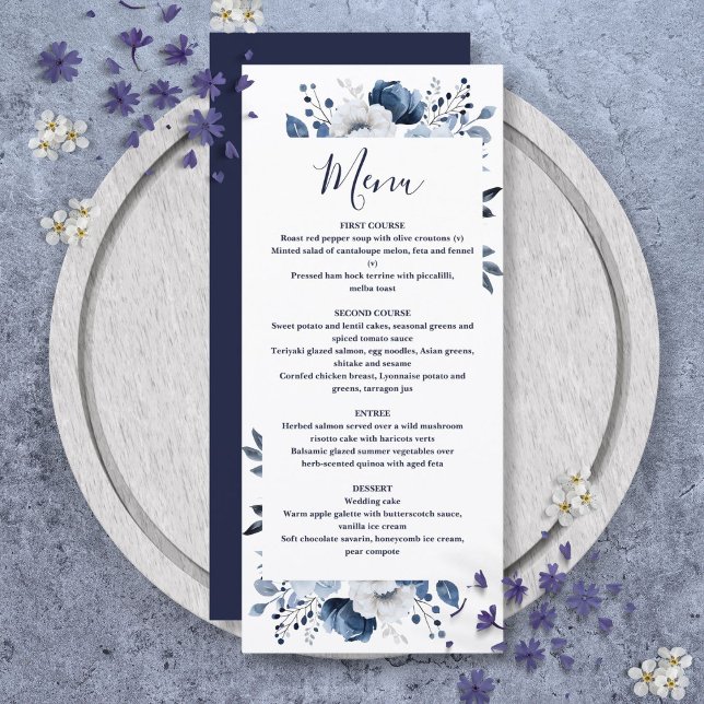 Menu Marine Bleu Pays Élégant Floral Mariage (Navy Blue Elegant Country Floral Wedding Menu)