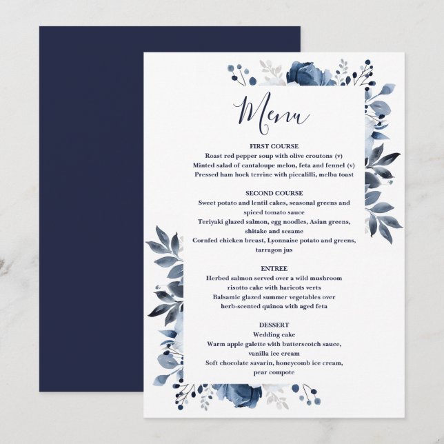 Menu Marine Bleu Pays Élégant Floral Mariage (Devant / Derrière)