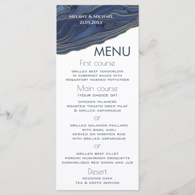 Menu Marine bleu simple chic agate romantique élégant (Devant)