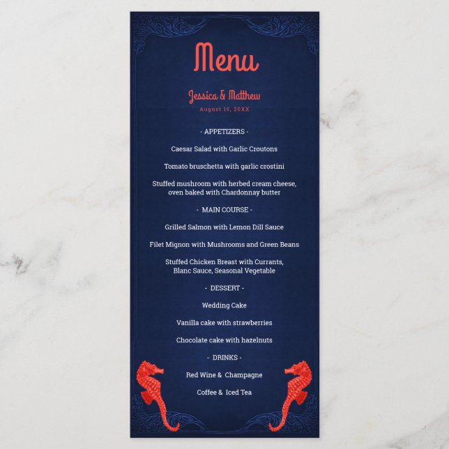 Menu Marine Marine Bleu Corail Seahorses Plage Mariage (Devant)