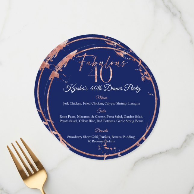 Menu Marine & Rose Gold Foil Fabuleux 40 Dinner Party (Devant/Arrière en situation)