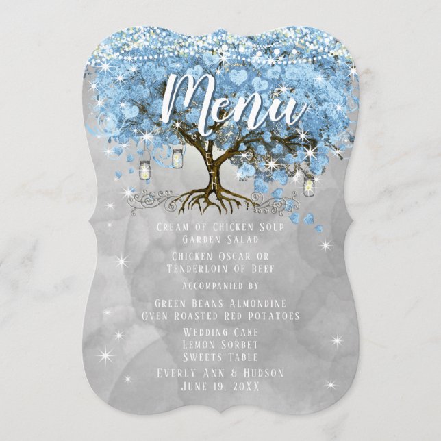 Menü Mason Jar Blue Heart Leaf Tree Wasserfarbe Menükarte (Vorderseite)