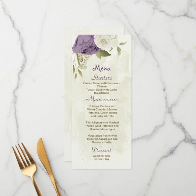 Menu mauve fleurs blanches verdure mariage (Devant/Arrière en situation)