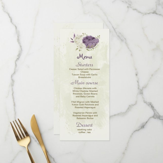 Menu mauve fleurs blanches verdure mariage (Devant/Arrière en situation)