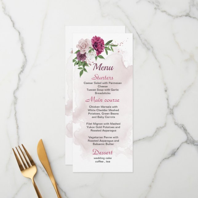 Menu mauve rose fleurs blanches verdure mariage (Devant/Arrière en situation)