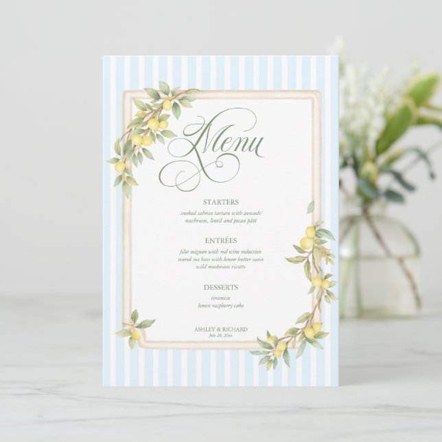 Menu Mediterranean Lemon Coastal Stripe Wedding (Debout devant)