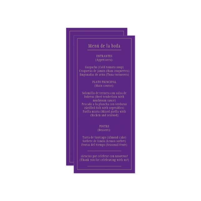 Menu Menú Bodas Oro Morado Bilingüe Español Inglés (Devant/Arrière en situation)