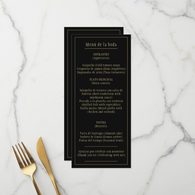 Menu Menú Negro y ou Clásico Bilingüe Español e Inglés (Devant/Arrière en situation)