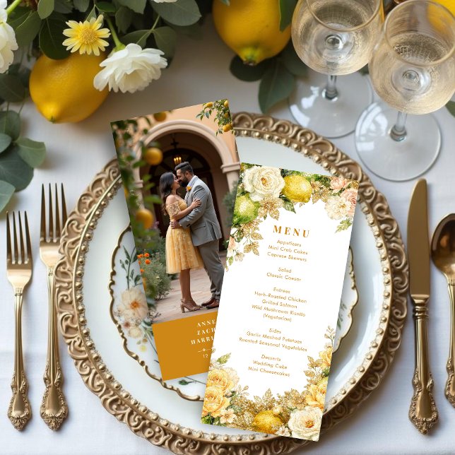 Menu Menú plano (Luxury Delicate Mediterranean Lemons & Flowers Frame Wedding Menu Cards )
