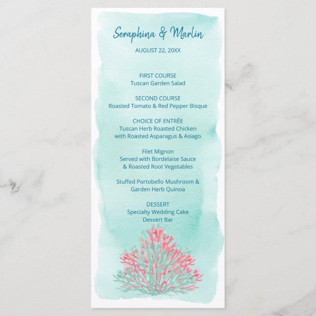 Menu Mer d'amour | Mariage de corail d'aquarelle marine (Devant)
