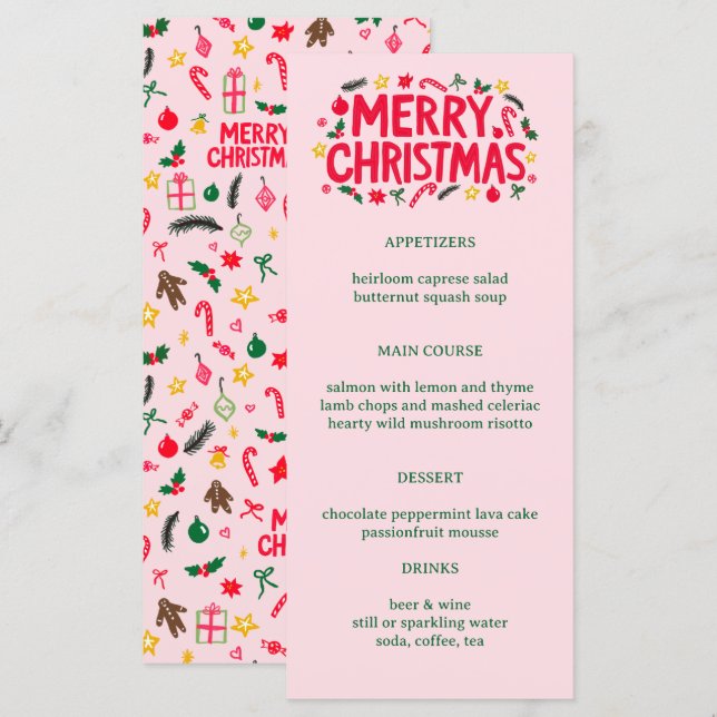 Menu Merry Christmas Cute CUSTOM Holiday Dinner Party (Devant / Derrière)