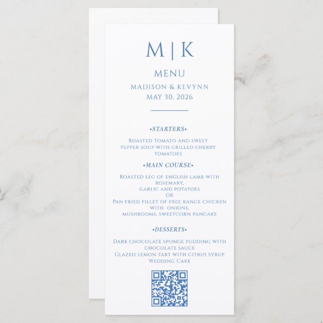Menu Minimal et chic | Code QR Mariage bleu (Devant / Derrière)