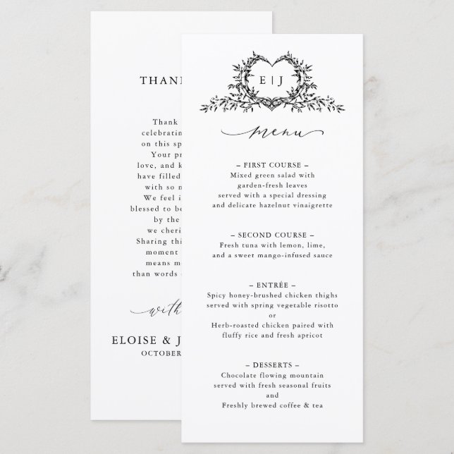 Menu Minimalist Calligraphy Crest Double-Sided Wedding (Devant / Derrière)