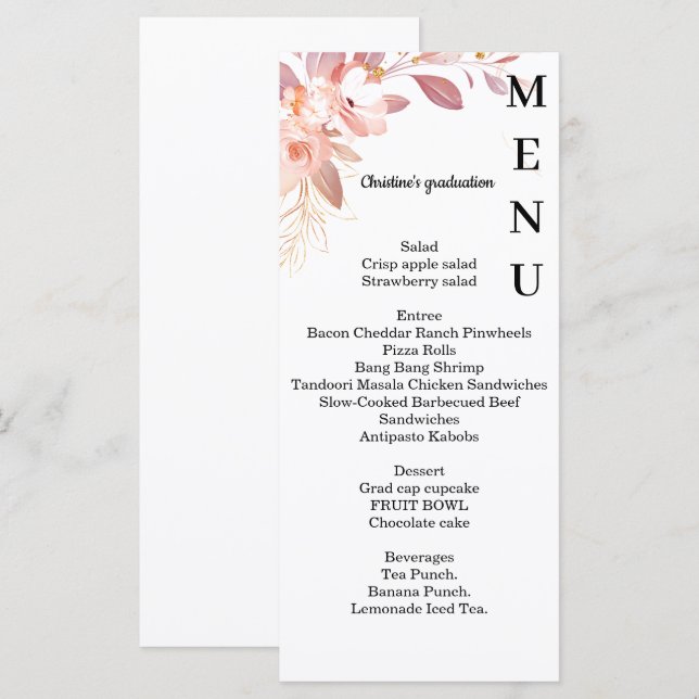 Menu minimaliste floral Graduation menu, (Devant / Derrière)