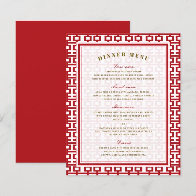 Menu minimaliste Mariage chinois Double Bonheur (Devant / Derrière)