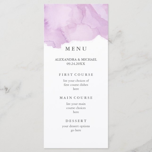 Menu minimaliste Mariage d'aquarelle violet modern (Devant)