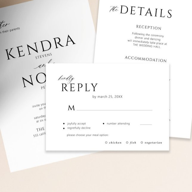 Menu minimaliste moderne noir et blanc choix maria (The invitation and the details enclosure card can be purchased separately )