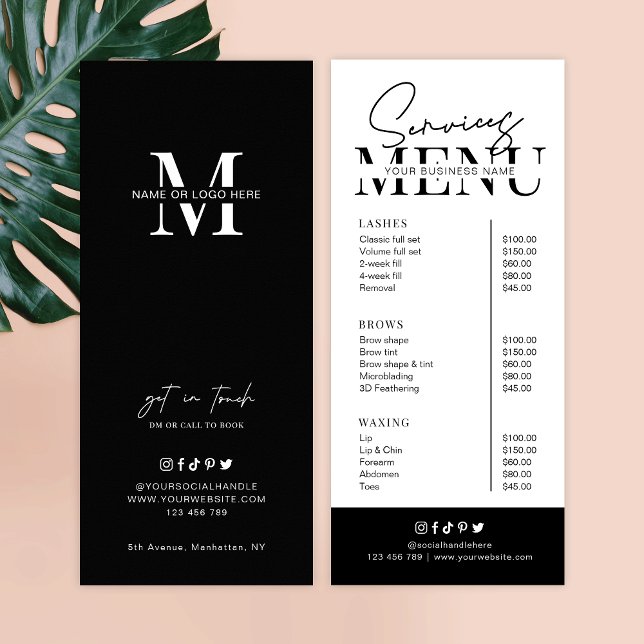 Menu Minimaliste Script Black White Salon Services (Créateur téléchargé)