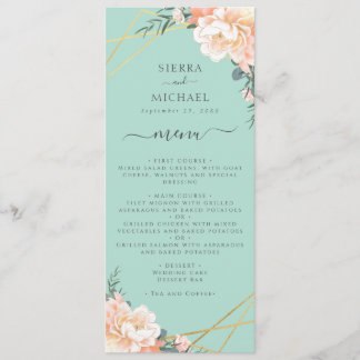 Menu Mint Green Floral Peach Gold Mariage Réception