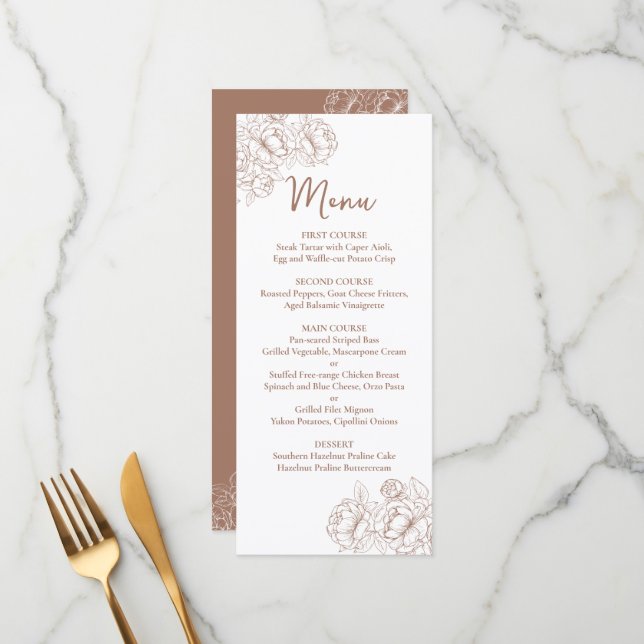 Menu Mocha Mousse Boho Mocha à double face Mariage Flor (Devant/Arrière en situation)