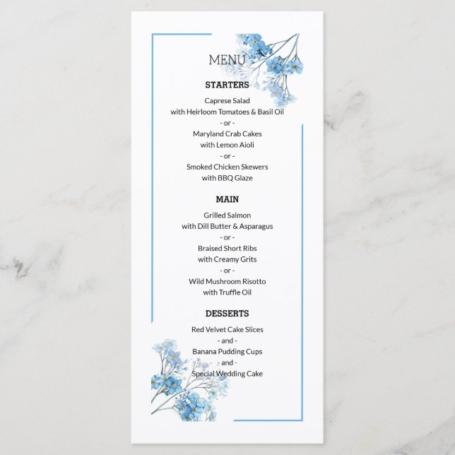 Menu Modern Blue Floral Pattern Forget-Me-Not Wedding (Devant)