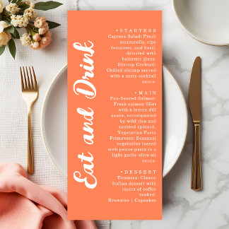 Menu Modern Coral Orange Eat and Drink Wedding